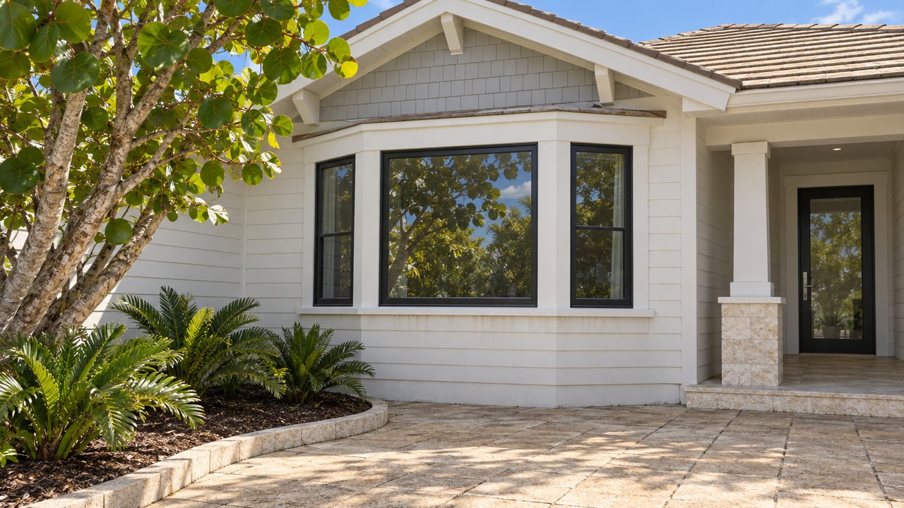 White cottage with a projecting black-framed window bay, pale gable shingles, and a paved courtyard bordered by sea grape and coontie.