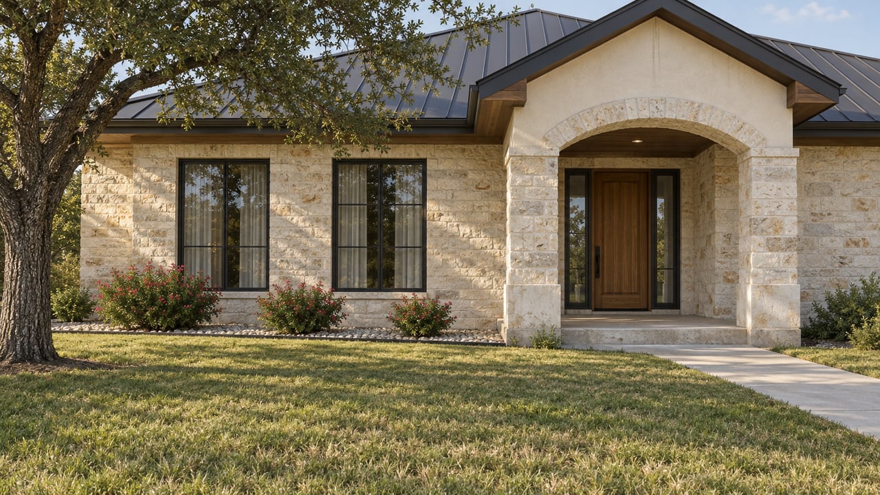 Single-story limestone home with a dark metal roof, recessed arched entry, deep front lawn and a mature live oak.