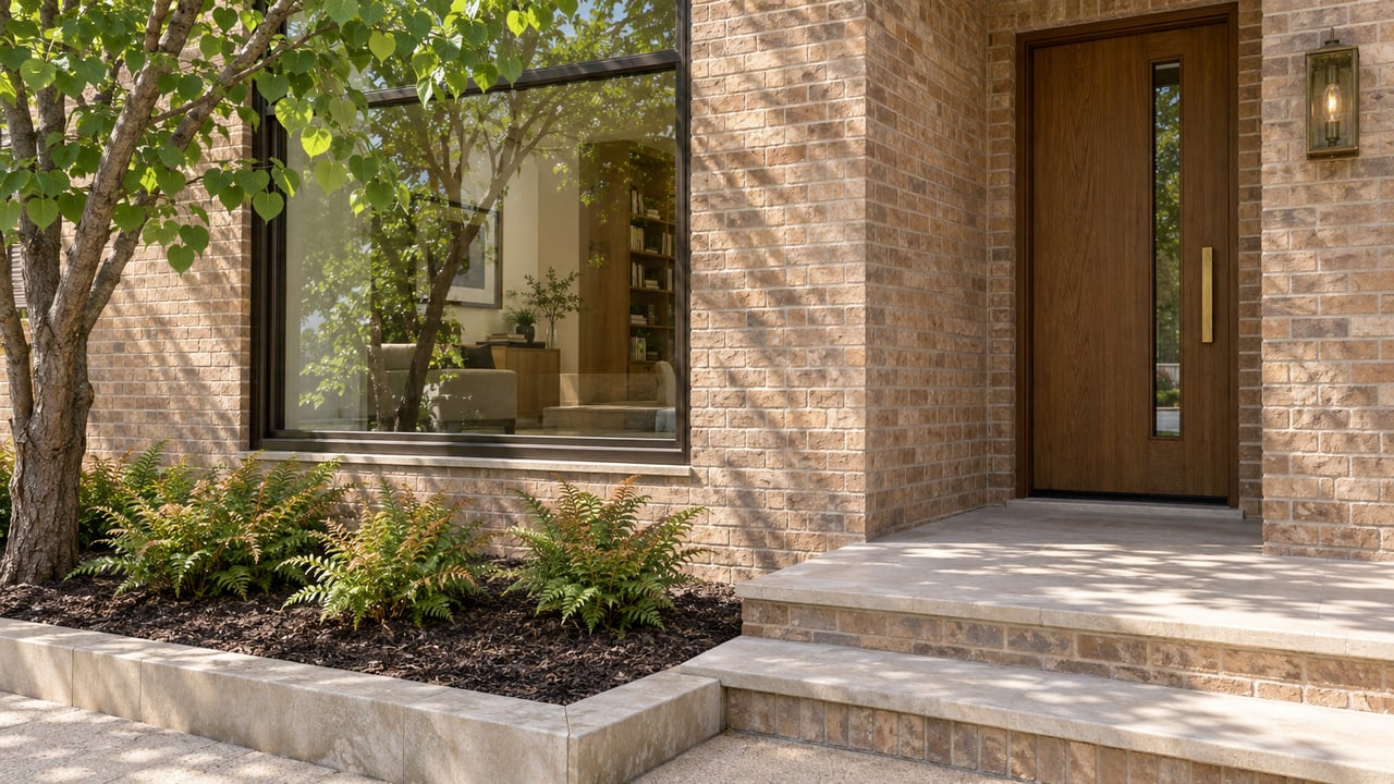 Buff-brick attached home with a bronze-framed window, oak entry door, limestone steps and a branching redbud beside the approach.
