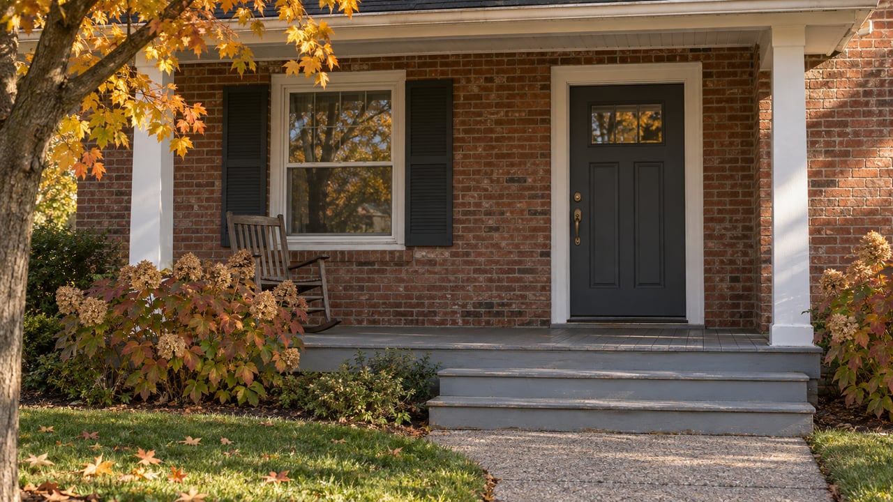 Autumn light across a brick home's covered porch, with white posts, an oak rocking chair and maple leaves beside the approach.