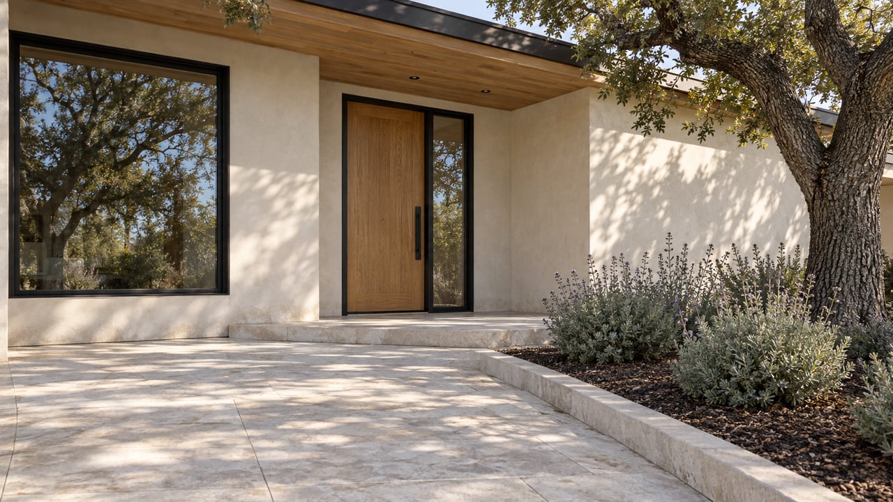 Morning light across a limestone approach to an oak entry door, with ivory plaster, black-framed glass and a mature oak beside a planted bed.