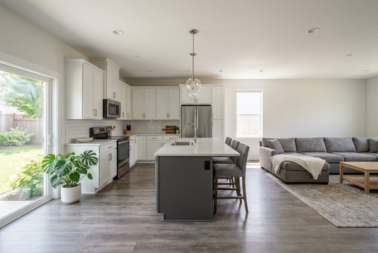 Open-plan kitchen and living room with neutral finishes and a rear sliding glass door.