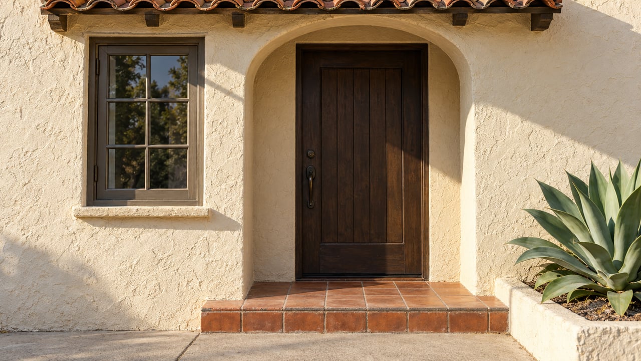 Recessed dark wood entry door beneath a tiled canopy, with a small window and agave beside the terracotta step.