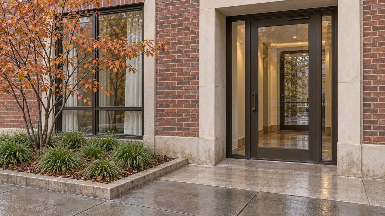 Brick condominium entrance with limestone trim, dark-framed glass doors, and a copper-leaved serviceberry beside the sidewalk.