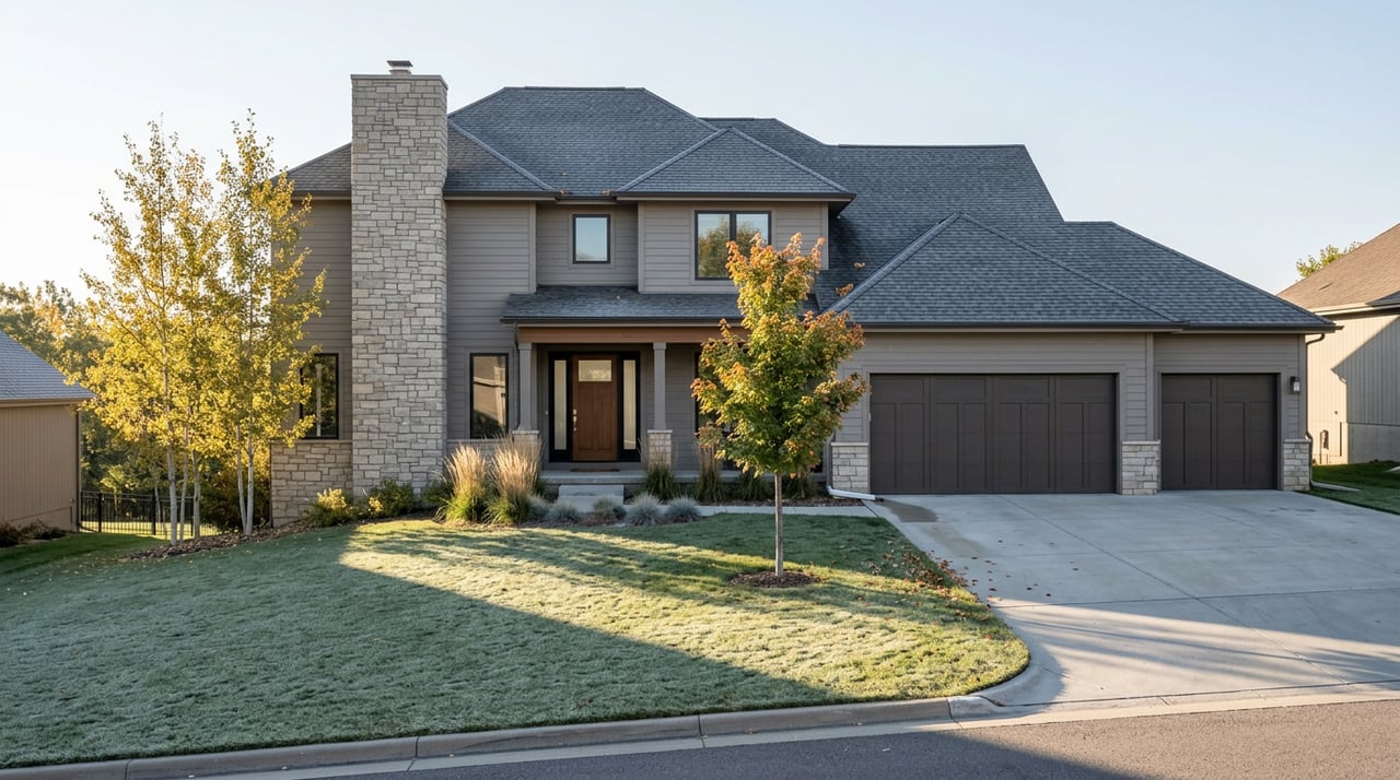 Two-story gray gabled home behind a lightly frosted lawn, with golden aspens and an orange-edged maple.