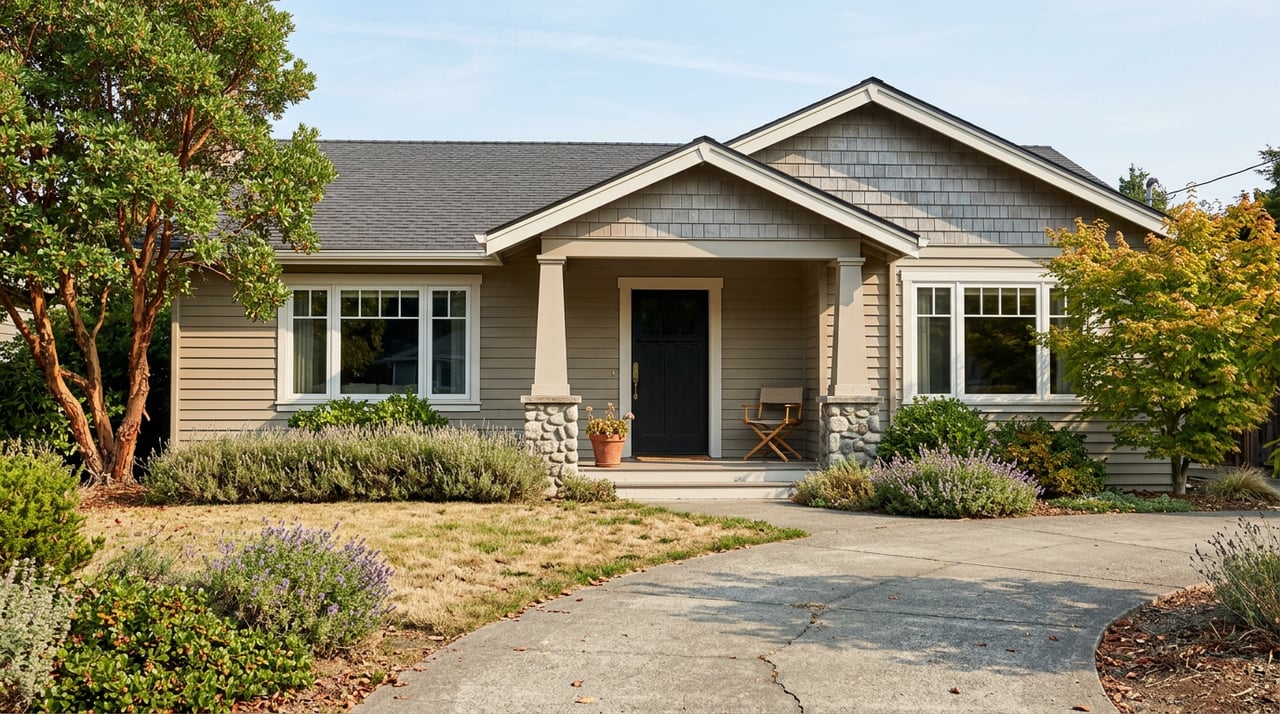 Single-story greige home with covered porch, curved driveway, and drought-tolerant front garden.