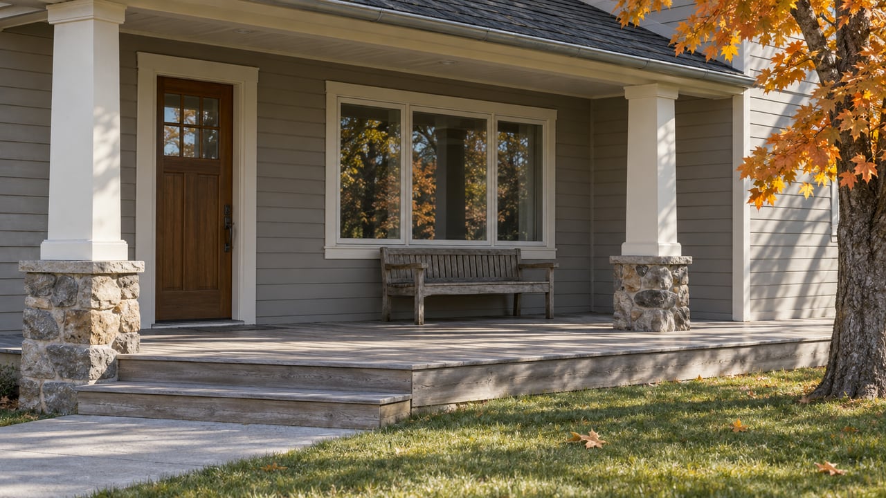 Autumn sunlight on a covered clapboard-house porch with stone column bases, cedar steps and a maple beside the lawn.