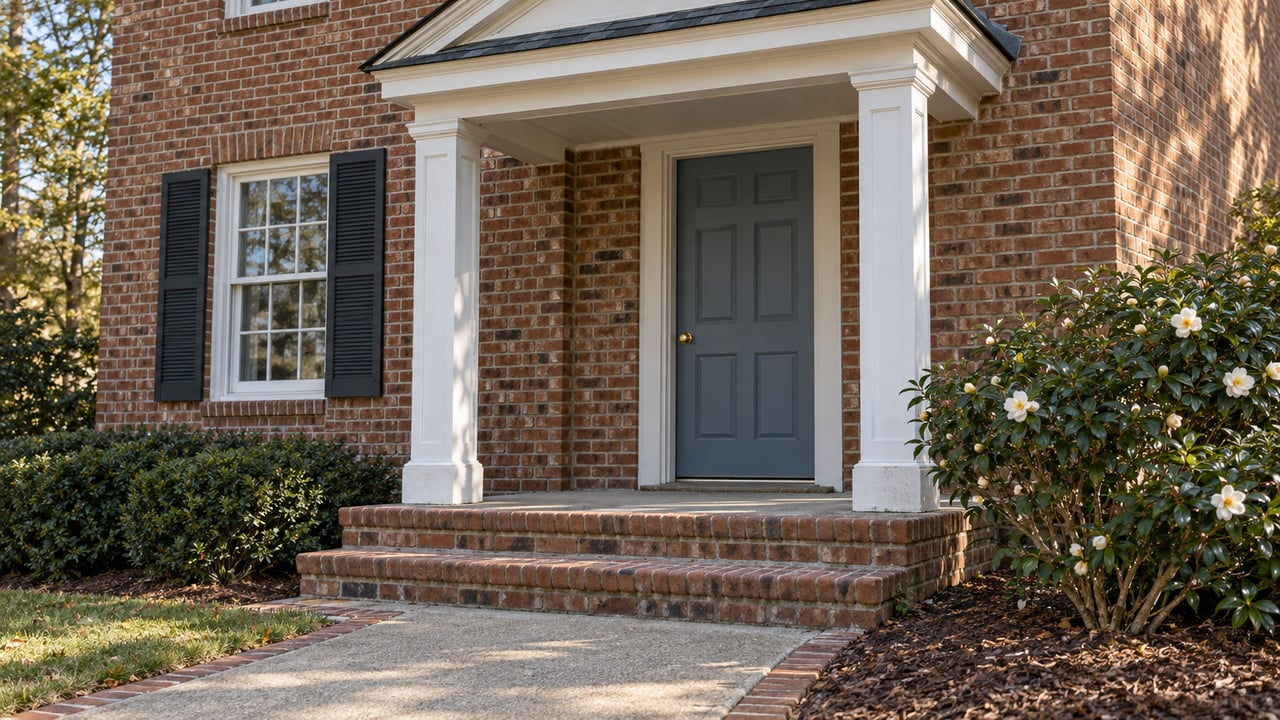 Red-brown brick home entrance with white porch columns, a blue-gray door, brick steps, and a white-flowering camellia.