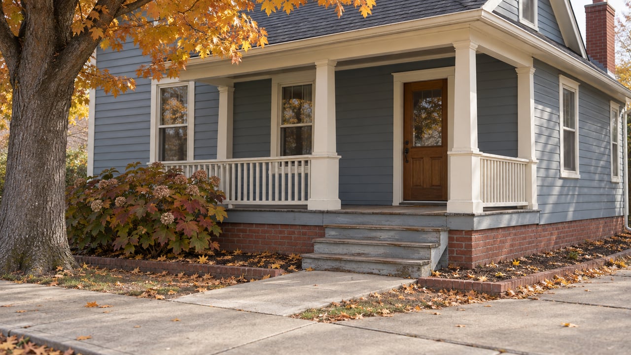 Blue-gray detached house with a cream porch, red-brick foundation, and amber tree canopy beside a concrete sidewalk.