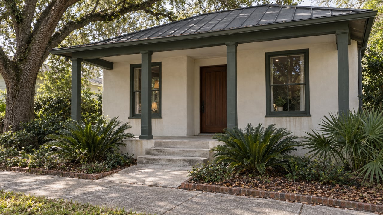 Ivory stucco house with a green-posted porch, charcoal metal roof, concrete steps, and palms beneath an oak.