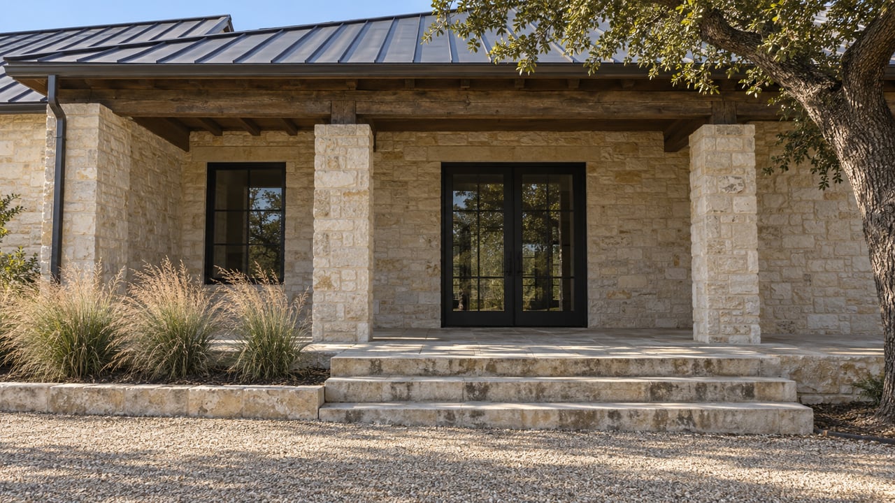 Limestone home terrace with paired black steel glass doors, broad stone steps, weathered timber beam, and a mature live oak.