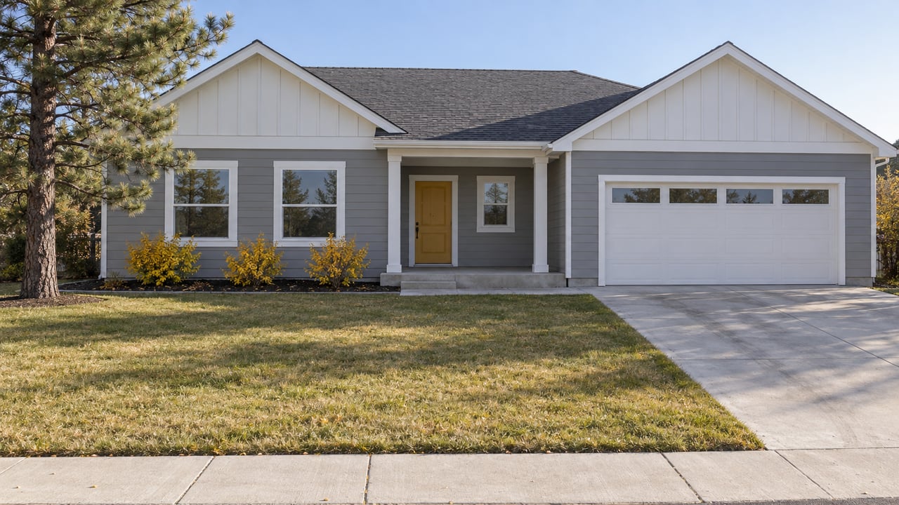 Gray gabled home with a mustard front door, broad autumn lawn, concrete driveway and a specimen pine.