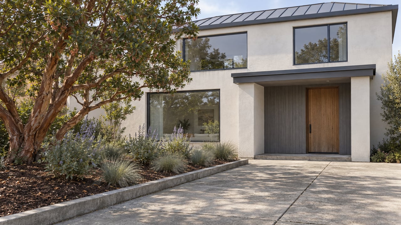 A stucco and painted-wood home with broad windows, a recessed oak entry and a concrete approach beside a mature strawberry tree and planted bed.