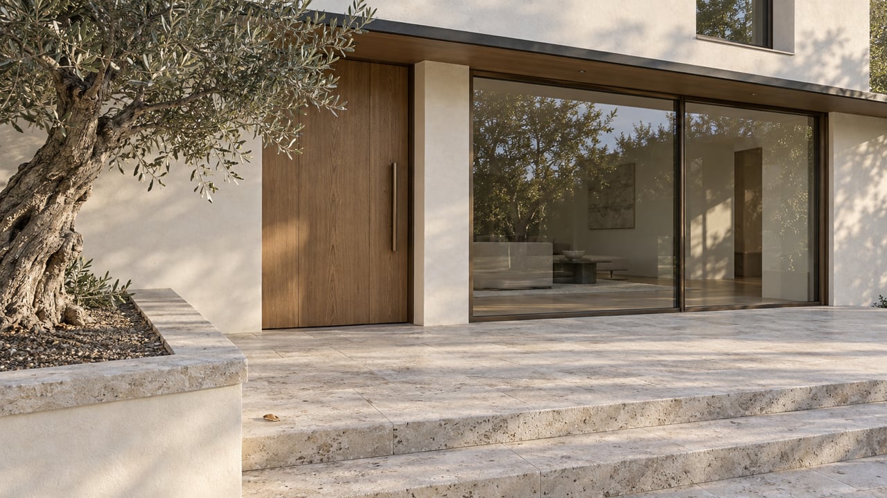 Hillside home entry with an oak door, bronze-framed glass wall, limestone steps, and a pruned olive tree.