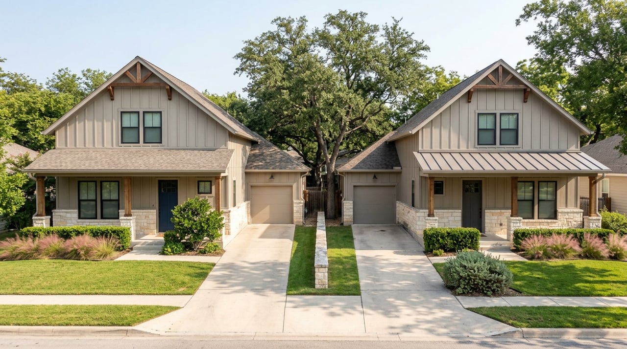 Two updated-traditional homes with limestone porches flank a shared driveway beneath a mature live oak.