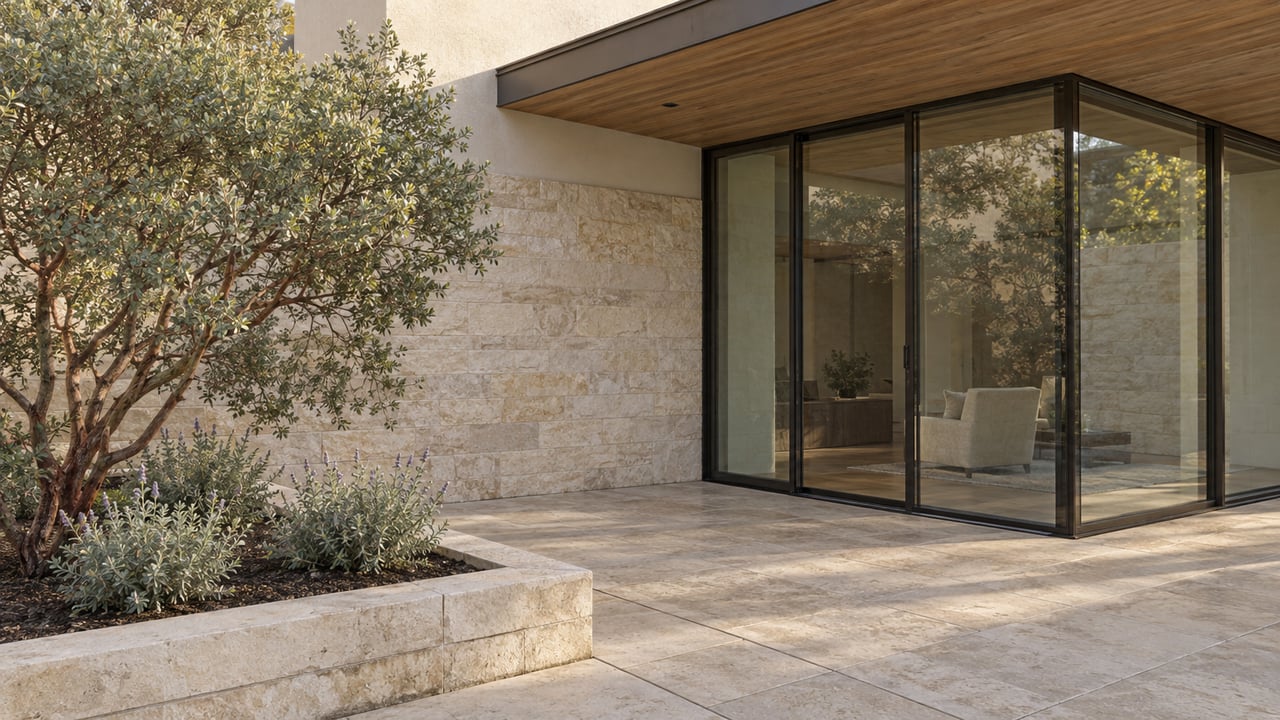 A sheltered limestone courtyard beside bronze-framed corner glazing, with a cedar soffit and a sculptural red-barked manzanita in a raised stone planter.