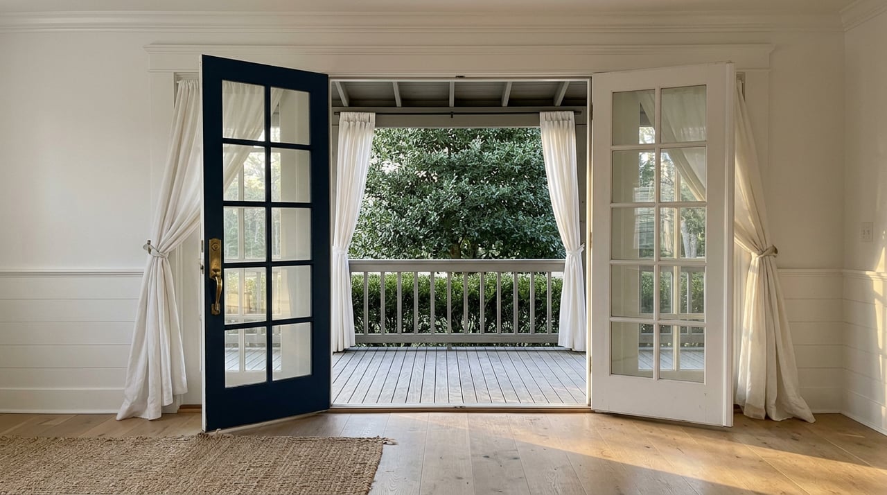 Open French doors frame a covered porch and a dense holly tree, with a navy door against white millwork.