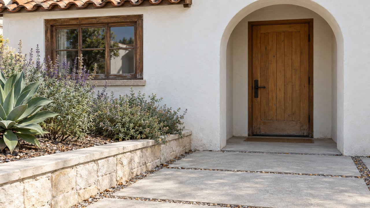 White plaster home entrance with a recessed wooden door, clay roof tiles, limestone planting wall and drought-tolerant planting.