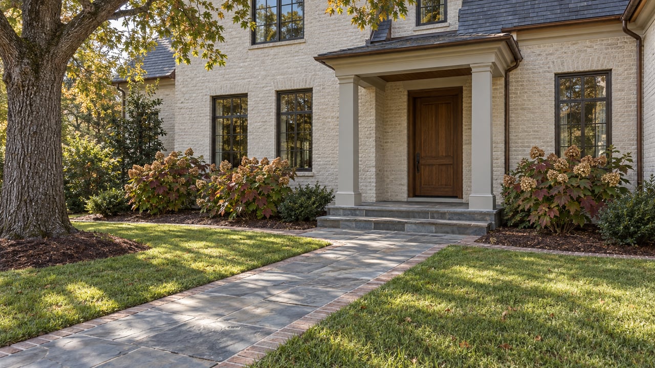 An ivory brick home with an oak front door, bluestone approach, deep lawn and mature white oak in early autumn morning light.