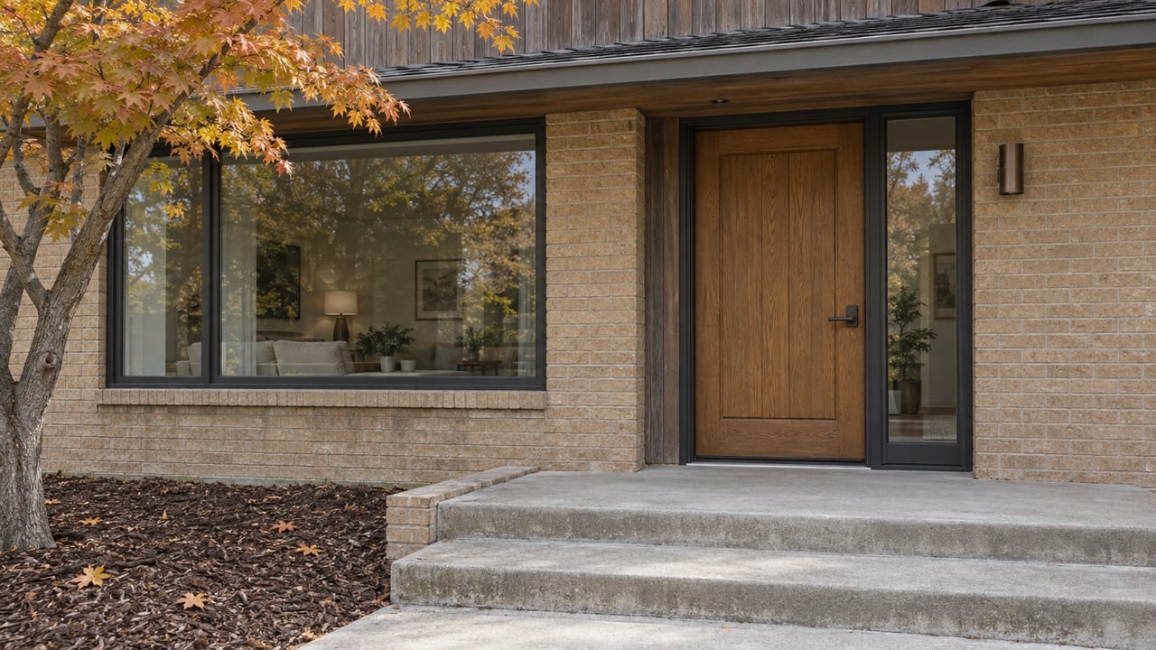 An updated home entrance with an oak door, dark-framed windows, buff brick, weathered cedar siding, and a maple beside concrete steps.