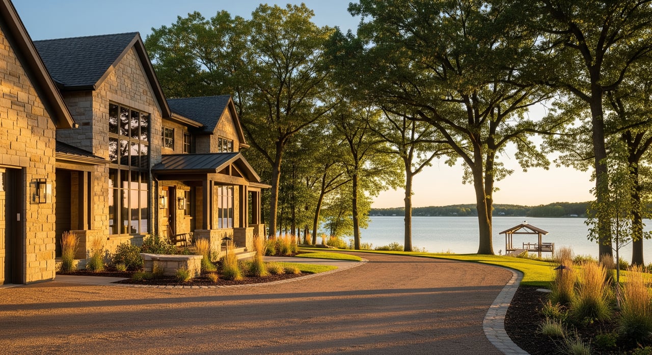 Stone lakeside homes line a curved road beneath mature trees, with a dock and calm water beyond.