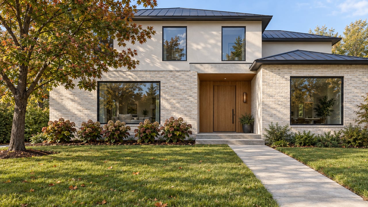 Contemporary ivory brick and cream-render home behind a deep autumn lawn, with black-framed windows, a recessed oak entry and a copper-tinged maple.