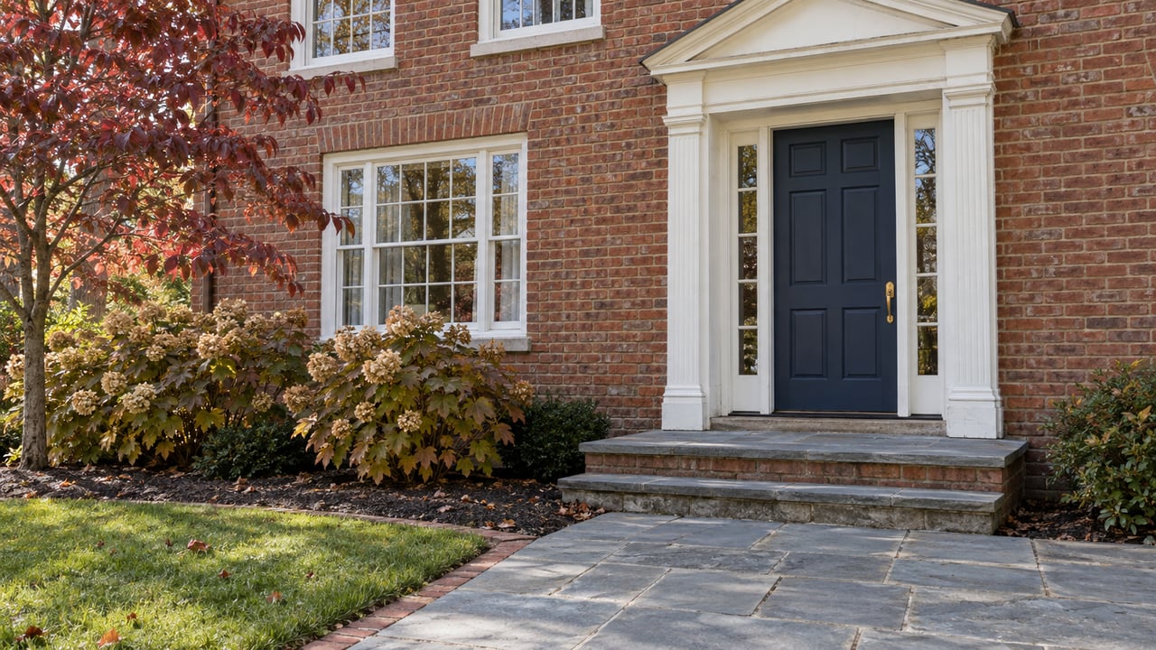 Brick home with a navy front door, white millwork, bluestone walk and burgundy autumn dogwood foliage.
