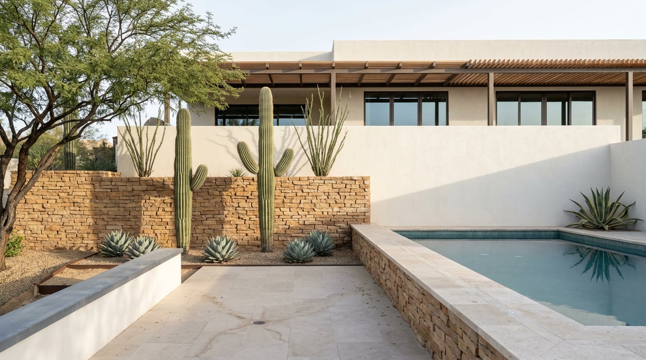 Terraced hillside estate with a rectangular pool, ledgestone retaining walls, desert plants, and a mesquite tree.