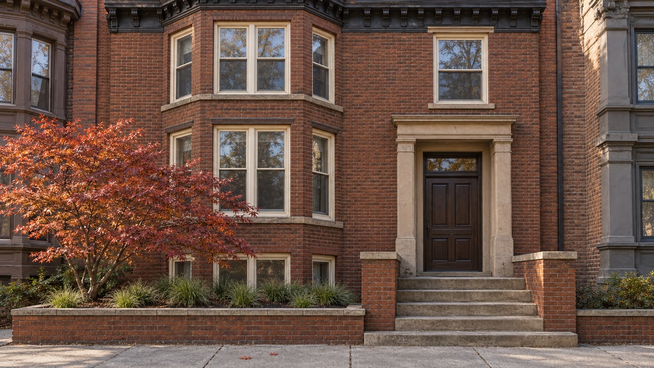 Russet brick rowhouse with cream bay windows, a sandstone entry, and a copper-red Japanese maple in a raised brick planting bed.