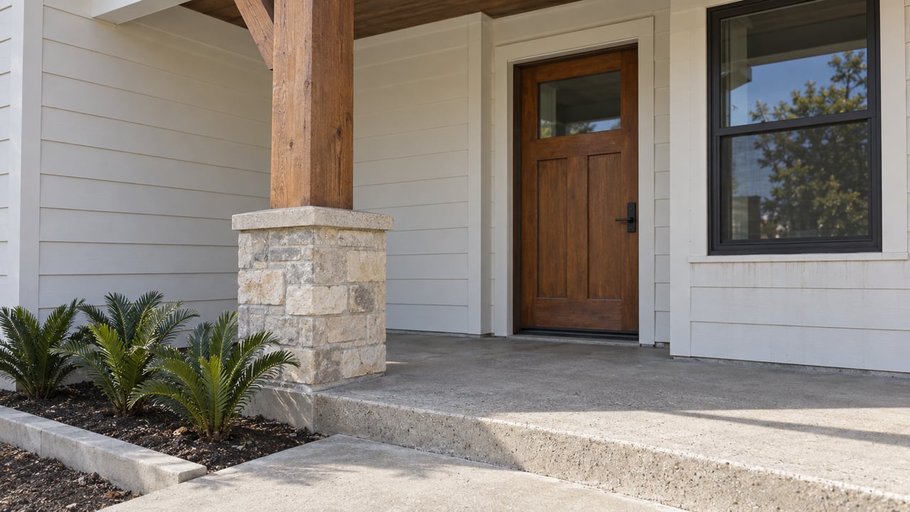 Sunlit cedar porch post on a limestone pier beside a sheltered wood front door, white lap siding, and three coontie plants.
