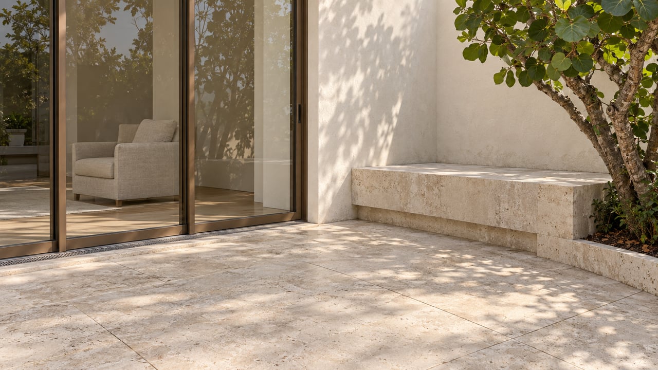 Cream limestone terrace and built-in stone bench beside bronze-framed glass doors, with a sea-grape tree shading the paving.