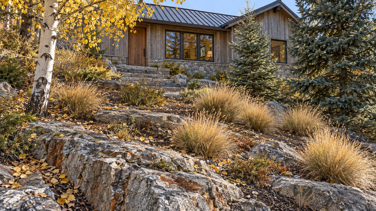 A cedar-and-stone home above a rocky autumn garden, with a yellow-leaved aspen and blue-green spruce trees.