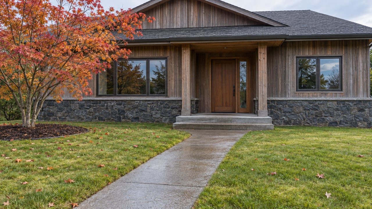 Weathered cedar home with a basalt base, covered entry and concrete approach crossing an autumn lawn beside a red-leaved vine maple.