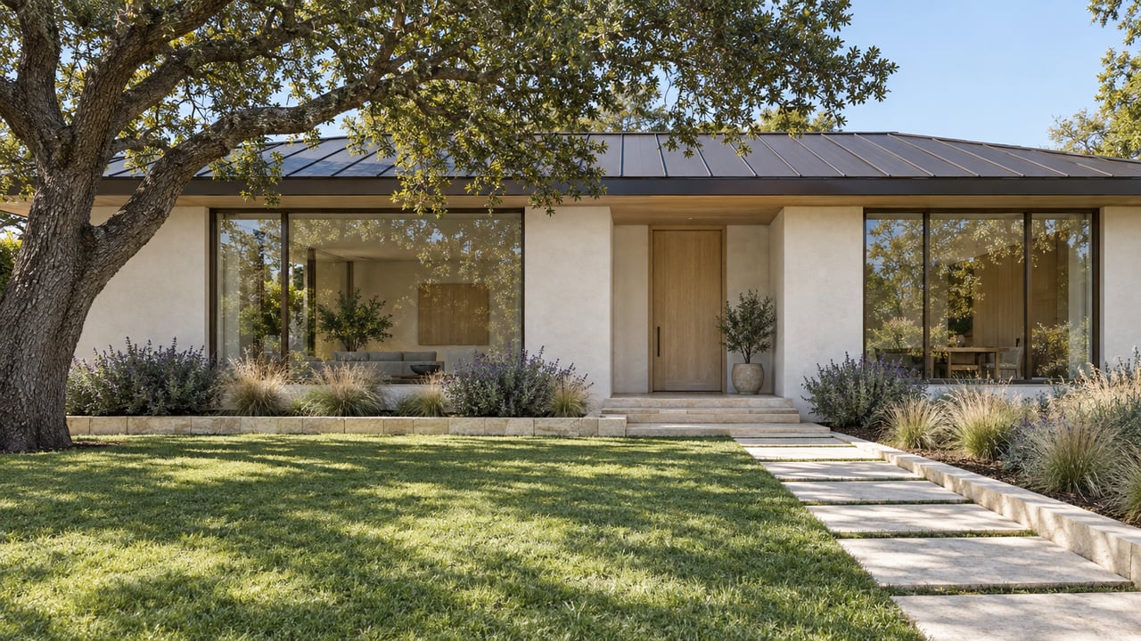 Low white-plaster home with bronze-framed windows, a limestone approach and a mature spreading oak across a spacious front garden.