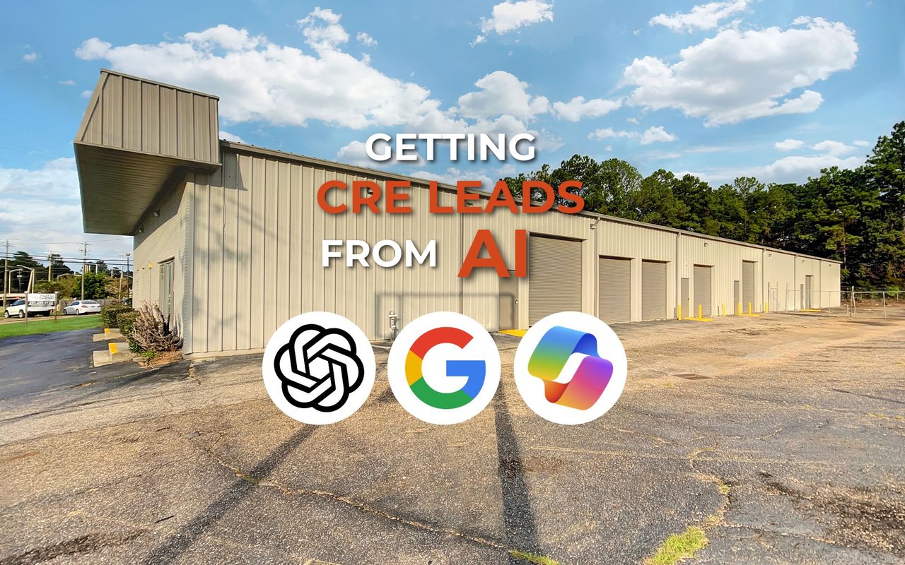 Commercial warehouse property with overlay text “Getting CRE Leads from AI” and icons representing ChatGPT, Google Gemini, and Microsoft Copilot