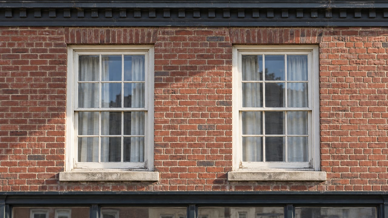 Red brick building facade with two white-framed sash windows and stone sills.