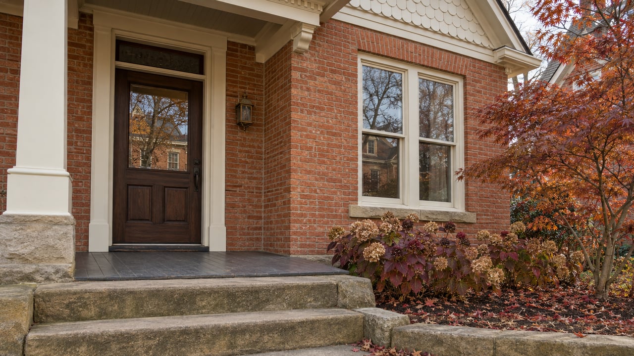 Historic red-brick home entrance with a worn stone approach, cream porch trim, and russet autumn planting.