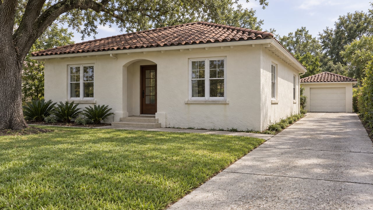 Cream stucco home with a tiled hip roof, front lawn, mature live oak and narrow concrete driveway leading to a detached garage.