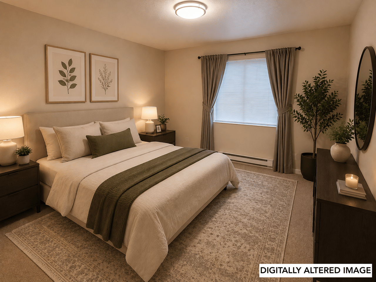 Bright second bedroom with modern virtual staging, ideal for guests, a home office, or nursery.