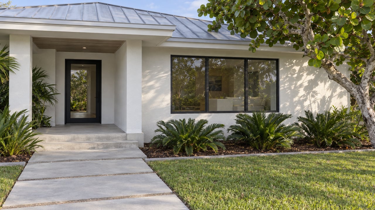 Sunlit white stucco home with a silver hipped roof, covered glass entry, concrete approach, and sculptural sea grape tree.