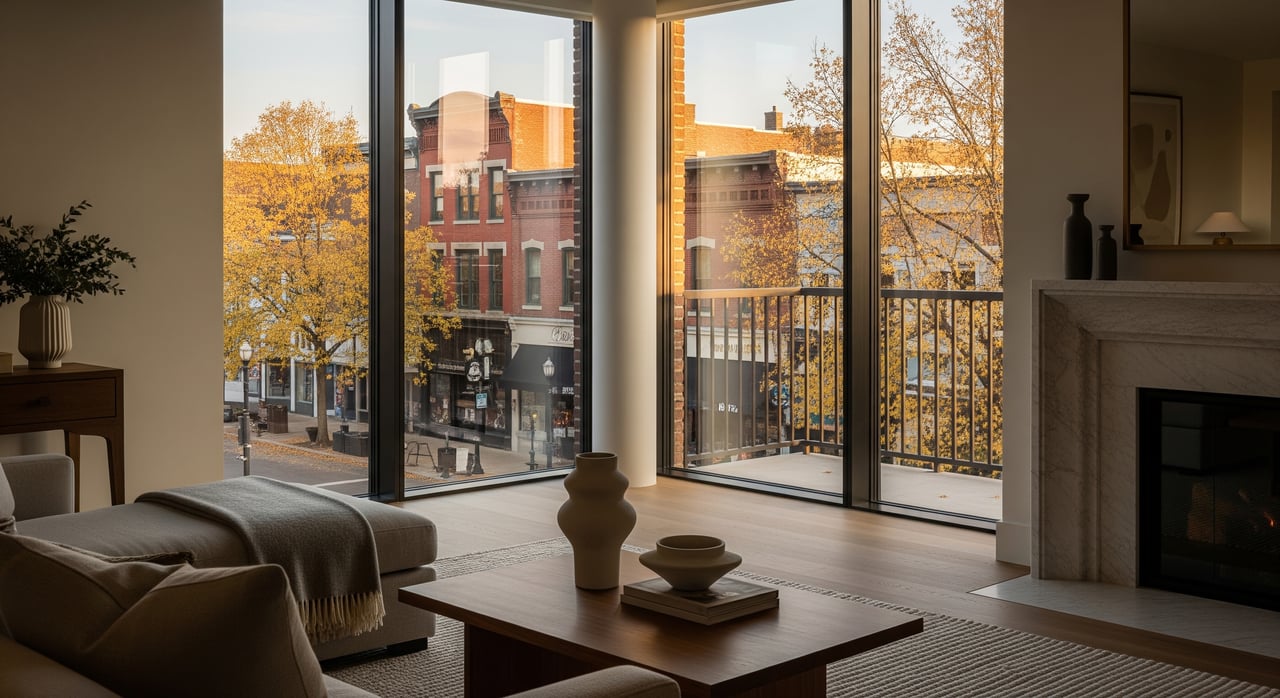 Modern living room with floor-to-ceiling windows overlooking brick storefronts and autumn trees.