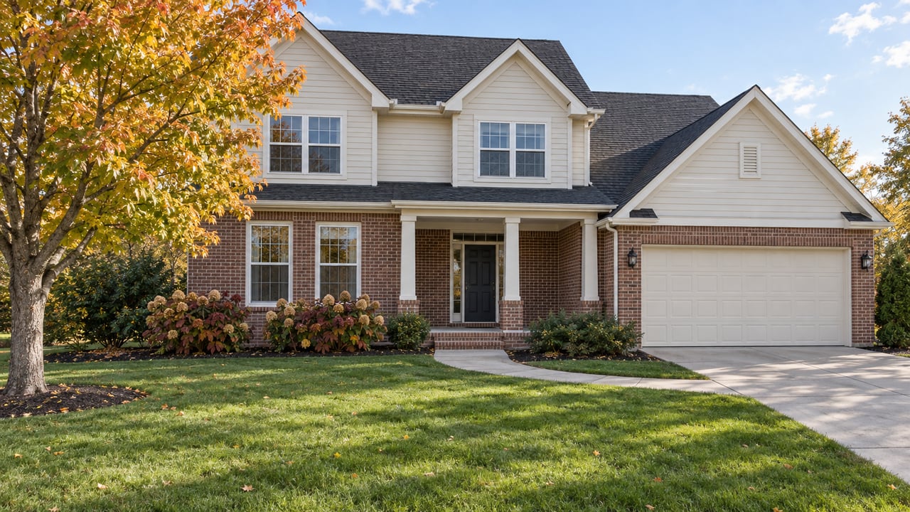 Two-story ivory-sided and brick home with a recessed porch, curved front walk and autumn sugar maple beside a deep lawn.