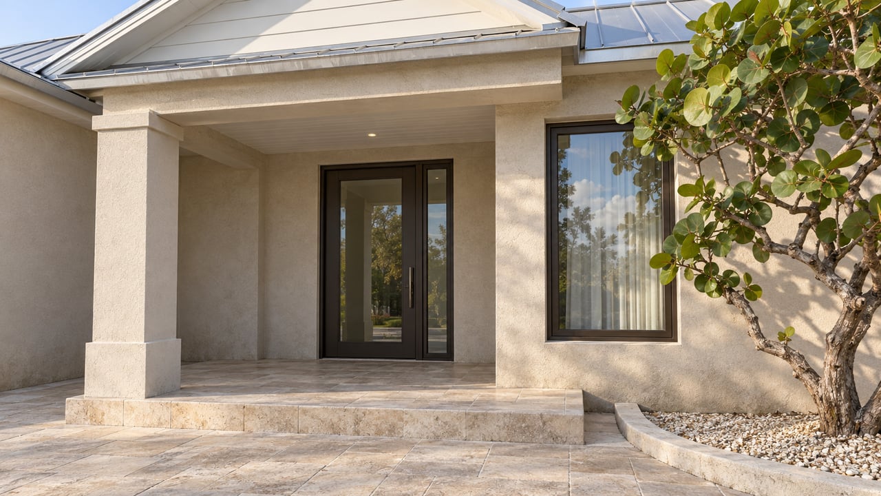 A covered stucco home entrance with bronze-framed glass, pale pavers and a sculptural sea-grape tree.