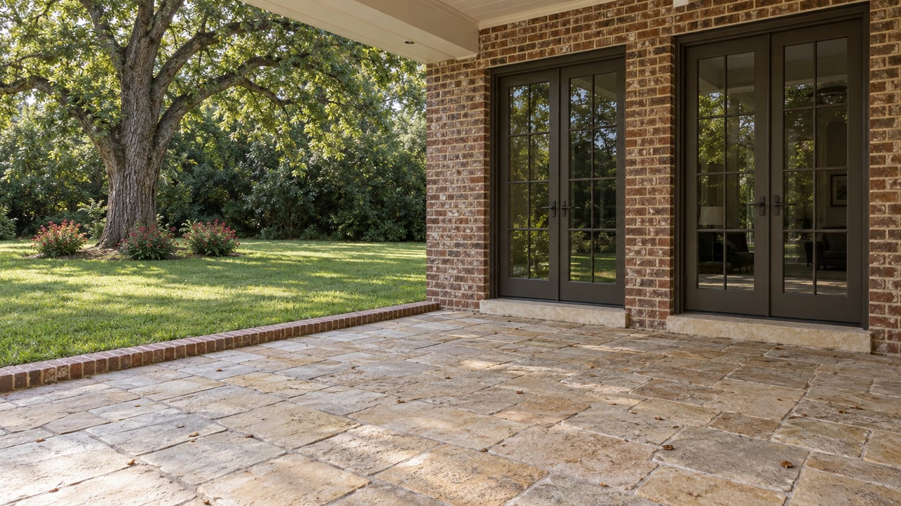 Brick house with glazed French doors opens onto a limestone terrace and lawn beneath a mature elm.
