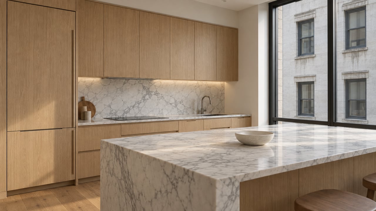 Honed marble island and light-oak kitchen cabinetry beside a tall closed window overlooking a nearby limestone apartment facade.