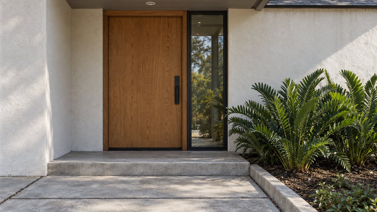 Oak front door with a narrow black-framed sidelight, concrete steps, and cycads in a raised planting bed.