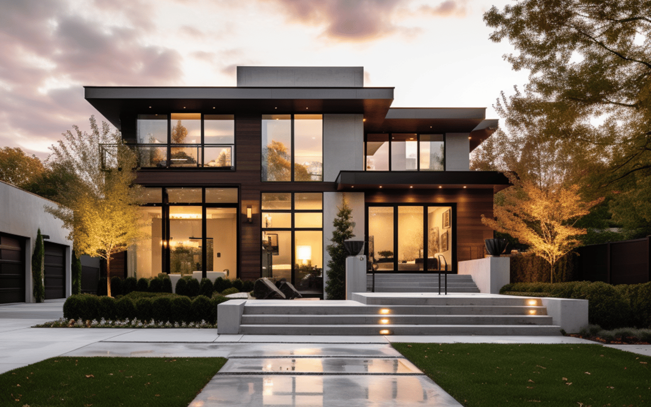 Modern two-story home with broad concrete steps, a lit walkway, and large windows glowing at dusk.
