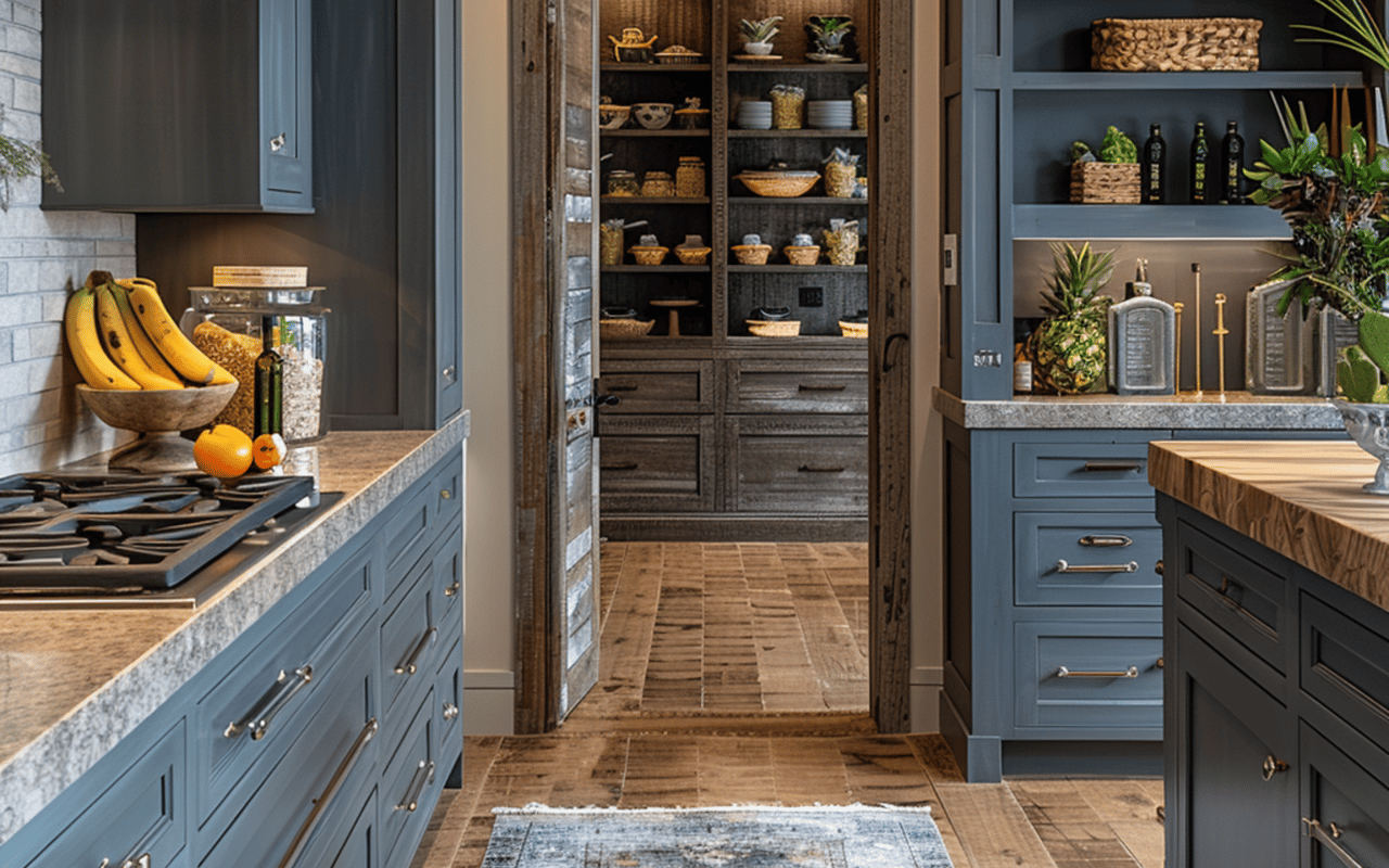 Kitchen with blue-gray cabinets, a wood-topped island, and an open doorway to a stocked pantry.