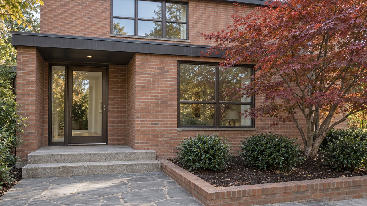 Weathered red-brick modernist home with bronze-framed windows, a glazed entry, concrete steps and a Japanese maple beside the approach.