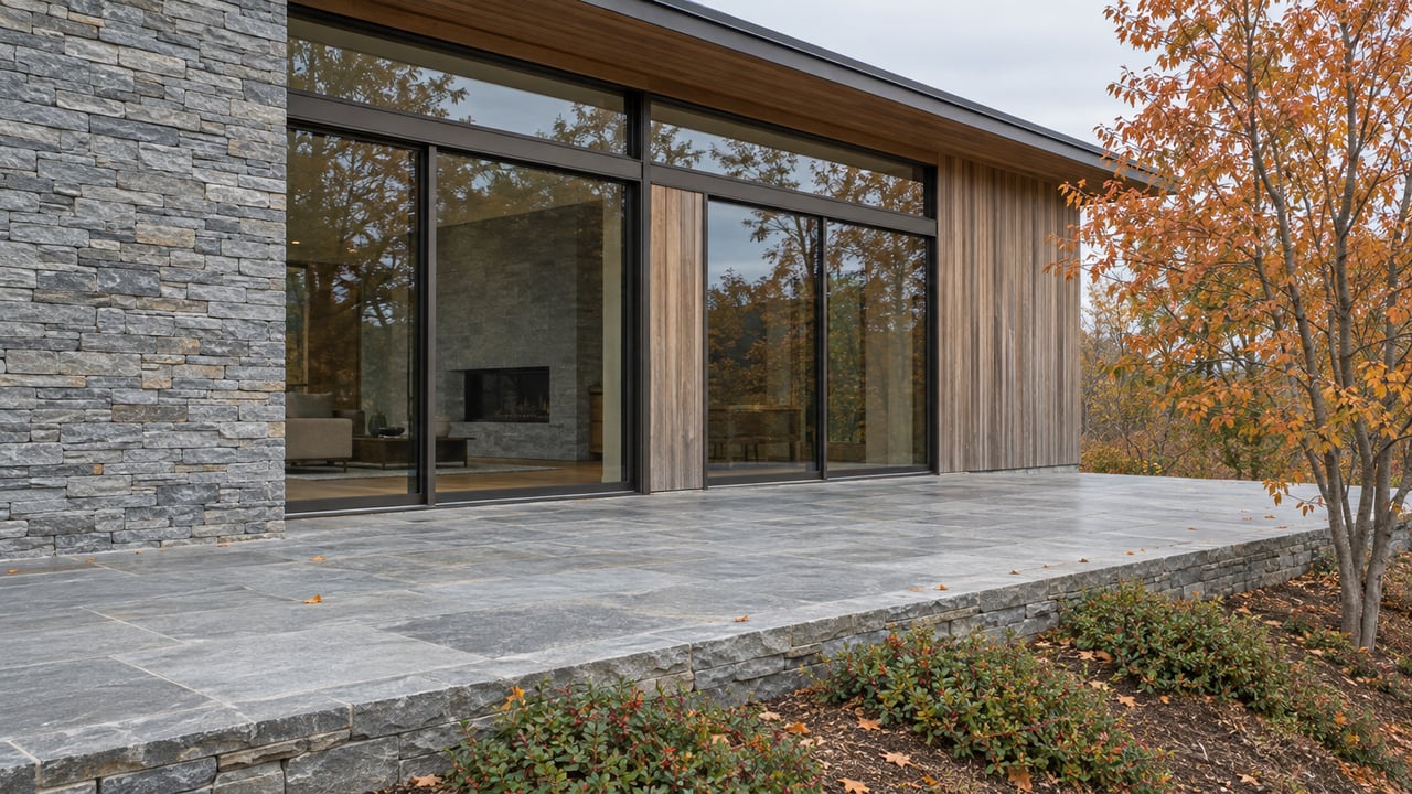 Stone-and-cedar house facade with glazed doors, a flagstone terrace, and copper-orange autumn leaves.